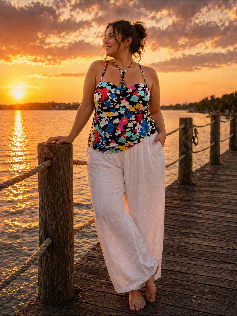 Hula Honey Black Floral Halter Tankini Top with Bright Multicolor Flowers